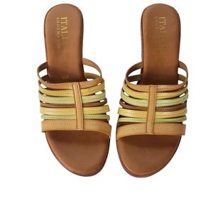 Italian Shoemakers Wedge Sandals Size 10 Green Yellow Brown Woven Strappy Shoes
